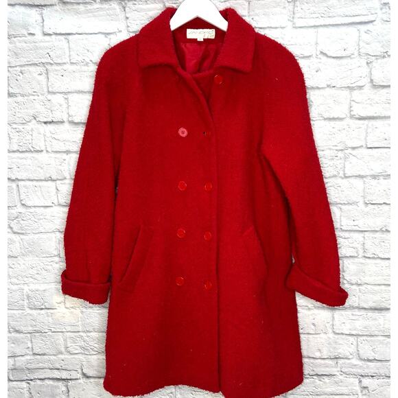 Sandro Red Textured Double Breasted Wool Blend Peacoat Size 10 Midi - Picture 1 of 6